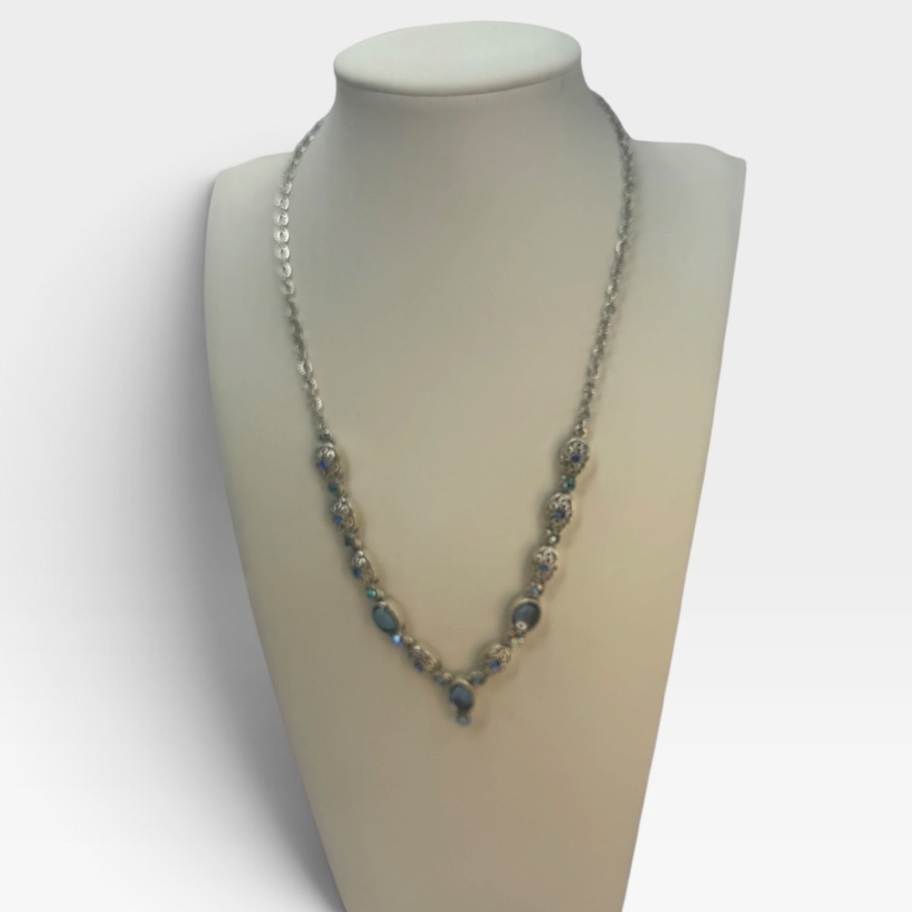 Silver Tone Blue Cabochon AB Rhinestone Filigree Y-Drop Necklace Wedding Bridal